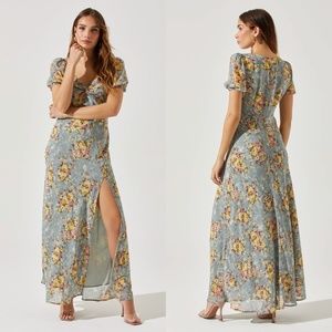 NEW ASTR The Label SLATE Yellow SWEETHEART NECK Floral TWIST BUST Maxi DRESS XS
